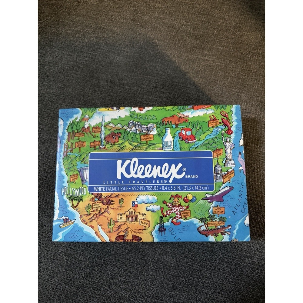 Vintage 1992 Kleenex Little Travelers 65 2-Ply Tissues USA Map Box